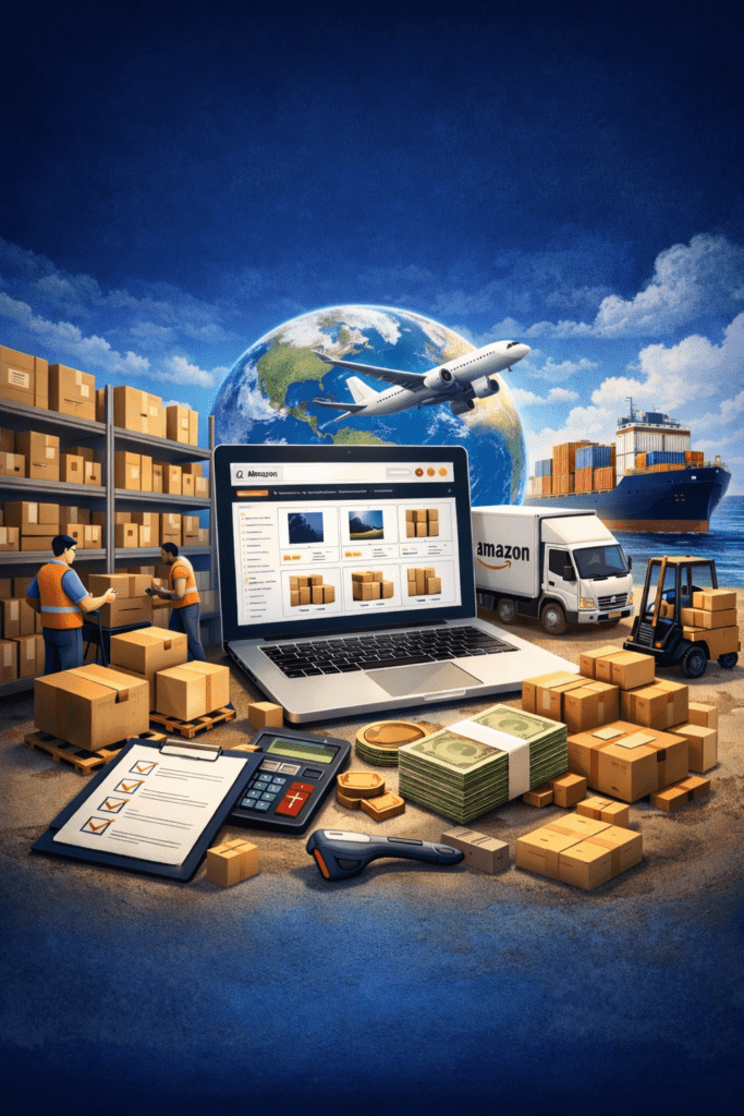 amazon wholesale business warehouse inventory and global logistics illustration