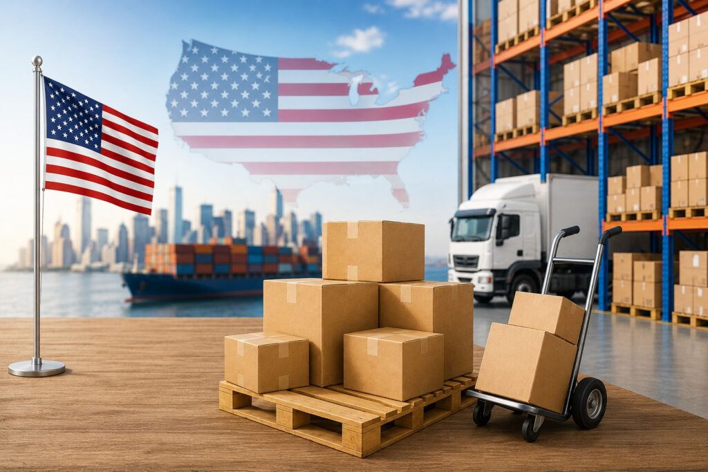 USA wholesale suppliers with bulk inventory, cardboard boxes, warehouse, truck, and shipping logistics