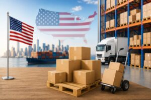 USA wholesale suppliers with bulk inventory, cardboard boxes, warehouse, truck, and shipping logistics