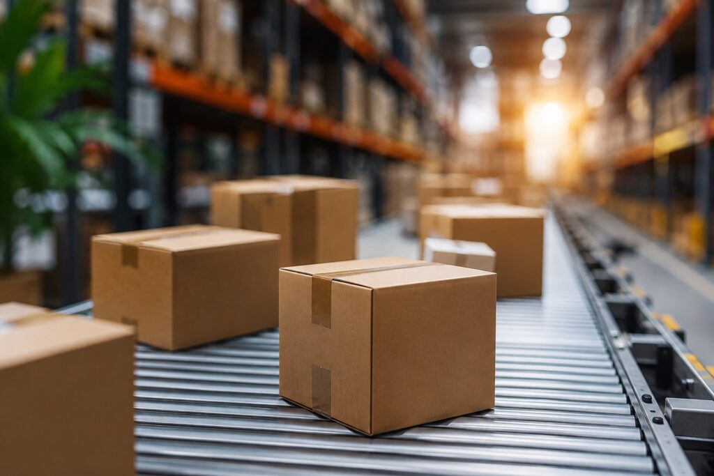 Amazon FBA wholesale products moving on a warehouse conveyor belt for efficient bulk product sourcing
