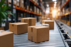 Amazon FBA wholesale products moving on a warehouse conveyor belt for efficient bulk product sourcing